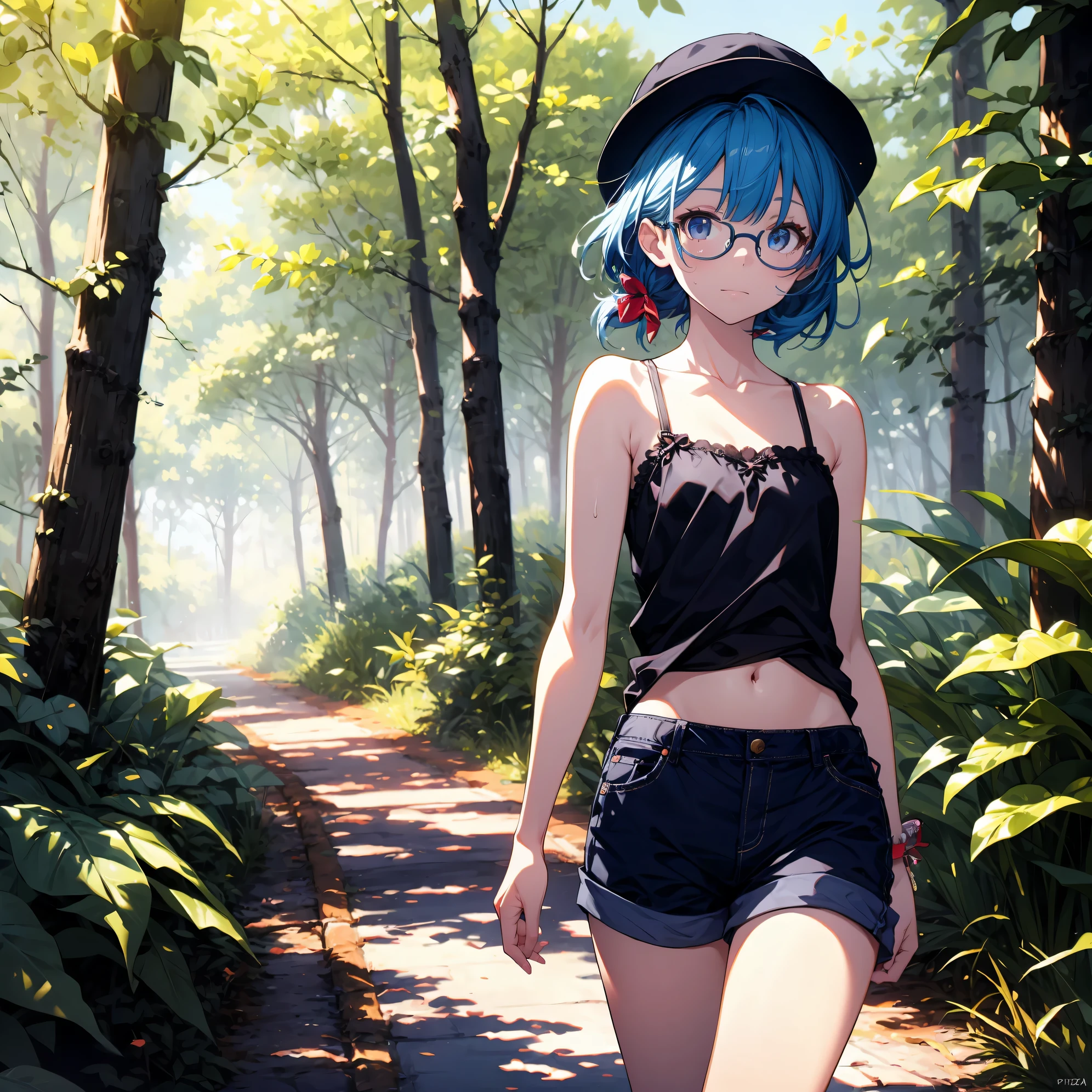 Super high quality by the art god, super detailed, High resolution,Fujichoco style, anime moe art style, best anime 8K konachan wallpaper, pixiv contest winner,Irasutoya, perfect anatomy, break,(森をalone慎重に歩く女の子の絵を描きます. ),break, Surreal cute girl, (alone,lolita, , :1.3),All limbs, full finger, androgynous charm, (ponytail), short bob cut, flat chest, , small ass, between legs, beautiful and fine eyes, Well-proportioned iris and pupils, High resolutionの詳細な髪, light smile, round glasses, (Camisole Tops,shorts:1.2),have,bare shoulders,sweating,warmer than usual,  In the summer forest. break,super detailed肌, Best lighting by famous artists, 8K, figure,