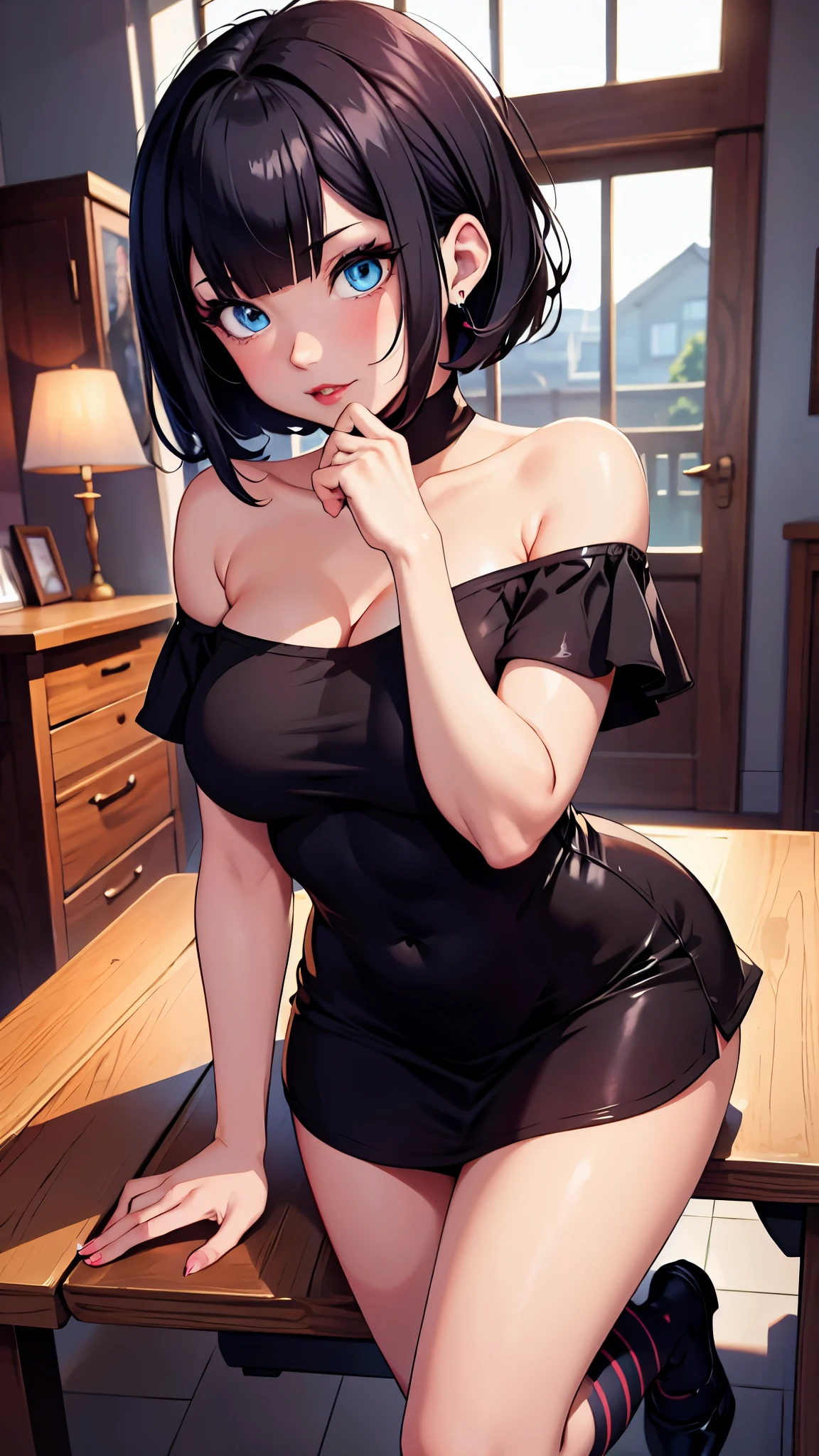 on the table, ultra high resolution, Super detailed, beautiful ，Off the shoulder dress，European girl, A black-haired one, Short Bob Cut, amazing blue eyes, white skinned, red lips, red blush, A gentle look, witch, amazing face, The Amazing Mavis Dracula, mix, black skirt,  Striped socks , beautiful, Perfect body, striped thighs, Bulma, (at your feet:1.2)