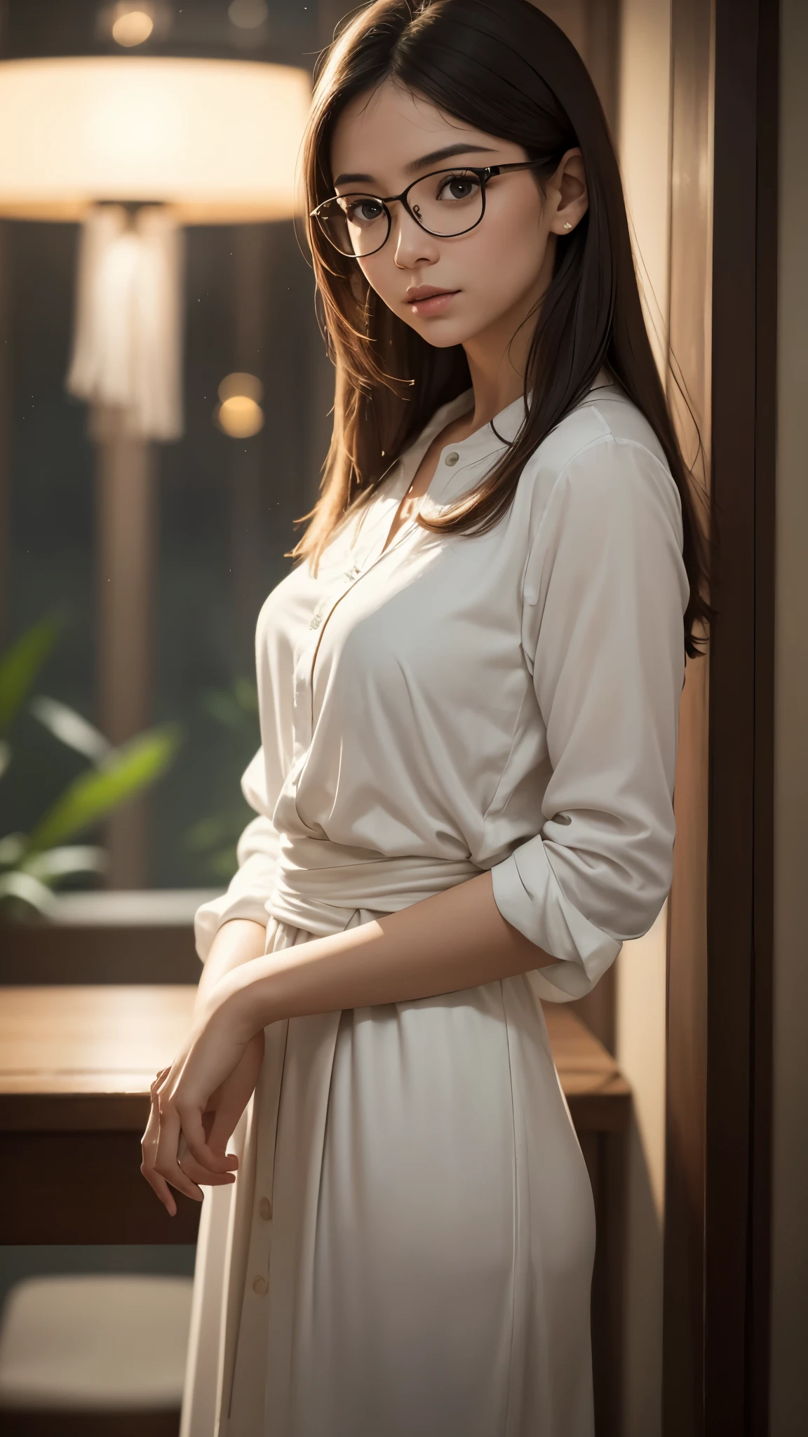 Genre: Portrait Photo or Other: Photo Subject/Action/Situation: A thoughtful woman in white blouse touching her glasses while looking directly at the camera Hairstyle: Long hair Attire: White blouse Emotion/Expression: Thoughtful, serious Artistic Method: Color photography with focus on realistic textures Background Elements/Location: Blurry background with ambient lights conveying an evening indoor setting Art Style: Realistic Image Quality: High-quality, high-resolution photo with a shallow depth of field Composition: Center Framed subject with eye-level shooting perspective Positioning Within Frame: Woman centered in the frame Shot Angle: Eye level Shot Size: Close-up Shot Position: Front view ,front of face Focus Method: Shallow depth of field Lighting: Natural or ambient indoor lighting mixed with bokeh light effects from the background Effects: Bokeh effect from background lights Post-Processing: Color correction to enhance subject and create a color balance between cool and warm tones Texture: Smooth skin texture portrayal Color Tones: Cool dominant colors with warm highlights Saturation: High saturation to make colors vivid Brightness/Luminance: Balanced medium luminance to capture evening mood Climate/Weather: Indoors, N/A Season: Not applicable Time of Day: Evening or night, based on background lighting Image Concept/Theme: Modern, casual elegance Aspect Ratio: (Specify if required, e.g., 16:9 for widescreen)