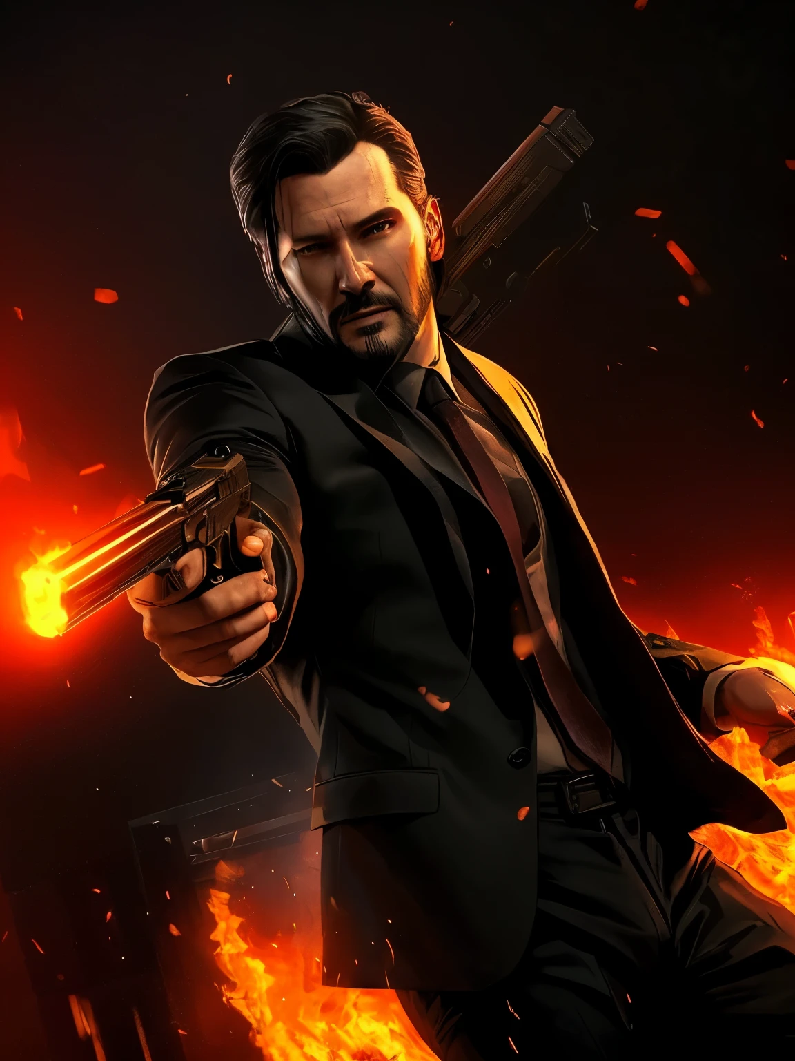 there is a man holding a gun in a city with flames, background artwork, game key art, portrait of john wick, concept art like ernest khalimov, hd artwork, inspired by Walther Jervolino, max payne, game art, wallpaper 4 k, wallpaper 4k, style of raymond swanland, portrait of adam jensen, key art, hq 4k wallpaper