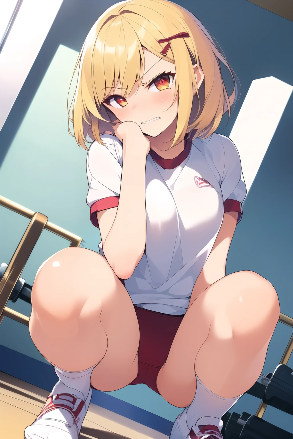 (((1girl))), ((best quality)), ((masterpiece)), ((ultra-detailed)), (illustration), (detailed light), (an extremely delicate and beautiful), (beautiful detailed eyes), (sunlight), ((extremely light)),  ((extremely clothes)), (((hyper detail)))

(((gym uniform))),
,

wavy short manish bob, ((((yellow gold hair)))),  ((short hair)),
(((deep red eyes))), 

(((whole body))), aged 13 to 16, 
(((condescending expression))), (mischievous smile with sexual satisfaction),  (((extra adorable))), (((extra slender shape))), 
(((extremely beautiful detailed face))),

(((squatting in the school gym))), (((((Dutch angle))))),

((())),
(((extremely thin thighs))), (((white socks)))