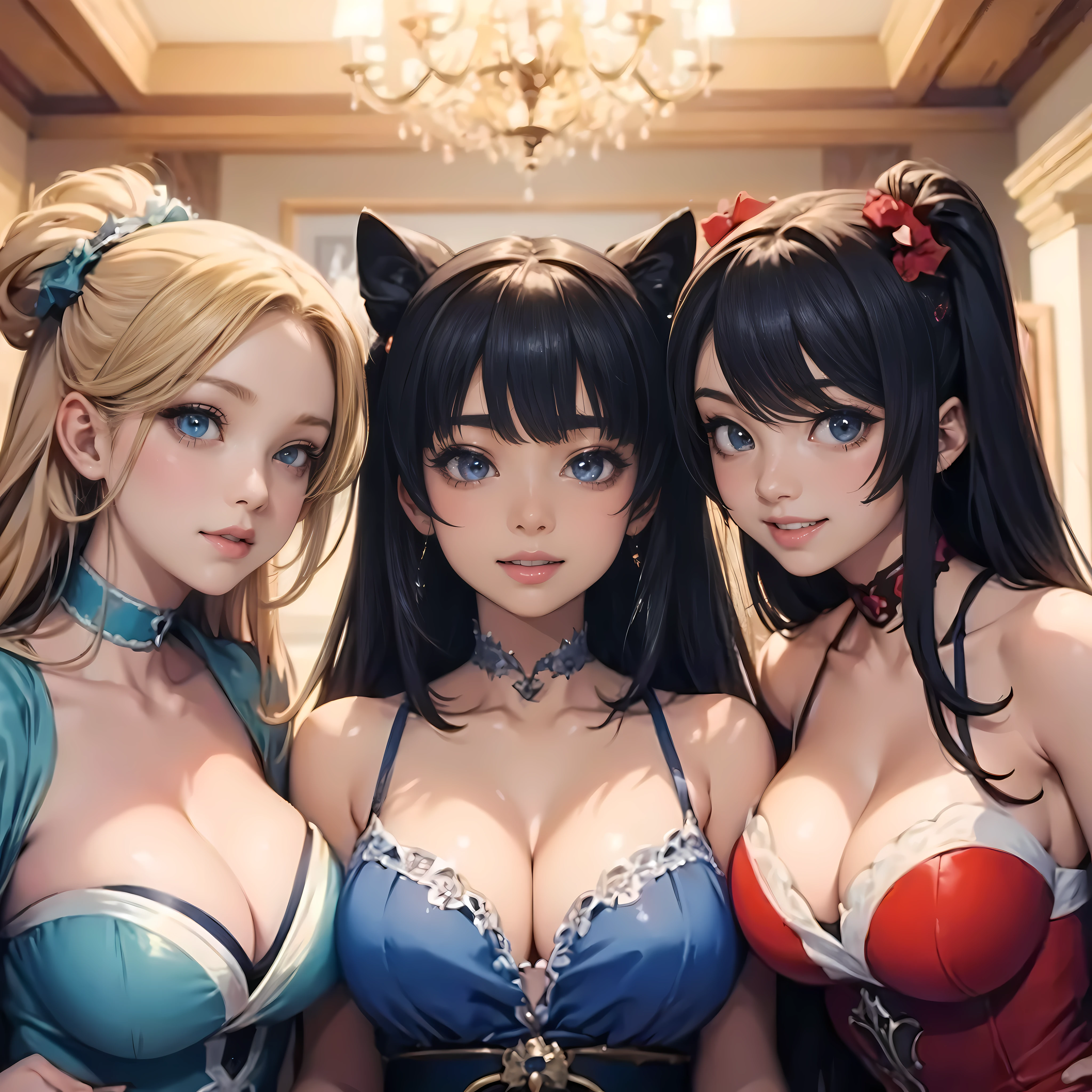Anime, Group of girls celebrating, beautiful faces, big smiles, large cleavage, 8k, masterpiece, high quality
