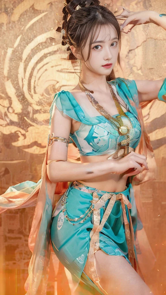 （8k， original photo， best quality， masterpiece：1.2）， （realistically， photorealistic：1.4）， （Very detailed CG unified 8k wallpaper）， 1 girl solo， （start from below：1.2）， Dance， Dunhuang_skirt， Dunhuang_style， Dunhuang_background，Dunhuang background