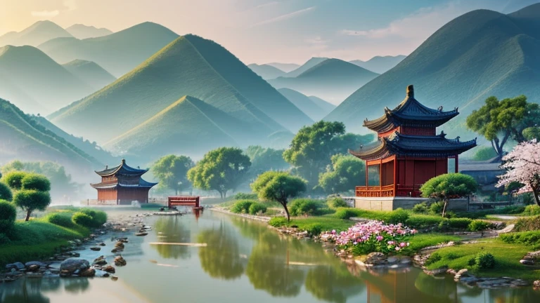 Jiangnan water town style landscape painting，Mountains shrouded in fine mist in the distance，The crow passing through，Silky and flowing water on the river，Lotus leaves ripple with the waves，Exudes a delicate fragrance。Willow trees and peach blossoms along the coast sway in the wind，petals flying like snow。An antique small temple stands quietly at the foot of the mountain，Colorful flags flying on a penny boat，The melodious boat song in the distance，Chinese ink style，Focus on detailing textures，Natural beauty under the breeze，Gorgeous pink and fresh green，calm perspective，HD fine quality