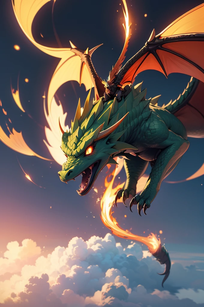 Green dragon with flaming wings exhales fire on top of a cliff. The Flaming Dragon breathes fire, volcanes, respirando fuego. energy elements, aura, Onda, particles, and harmony.