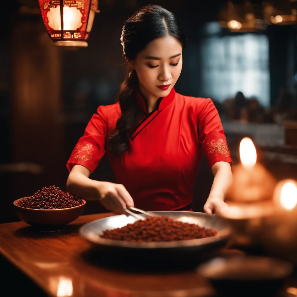master piece of photograph, 1 beauty Chinese girl wear red Cheongsam made Sichuan pepper grilled, like professional chef, on desk have Sichuan pepper grilled, kungfu cooking act, show flow in yinyang symbol in the air, luxury Chinese kitchen, high detail, kodak film, photorealism