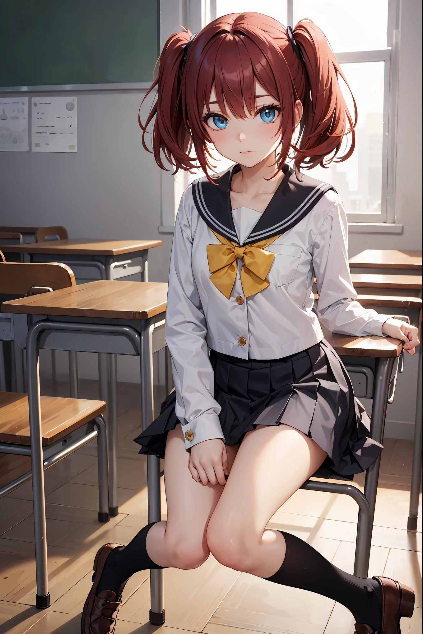 rubykurosawa, ruby kurosawa, aqua eyes, medium hair, red hair, two side up, twintails, (flat chest:1.2),
BREAK black socks, bow, bowtie, brown footwear, buttons, grey sailor collar, grey skirt, loafers, long sleeves, miniskirt, pleated skirt, sailor collar, school uniform, serafuku, shirt, shoes, skirt, uranohoshi school uniform, white shirt, winter uniform, yellow bow, yellow bowtie,
BREAK looking at viewer,
BREAK indoors, classroom,
BREAK (masterpiece:1.2), best quality, high resolution, unity 8k wallpaper, (illustration:0.8), (beautiful detailed eyes:1.6), extremely detailed face, perfect lighting, extremely detailed CG, (perfect hands, perfect anatomy),
