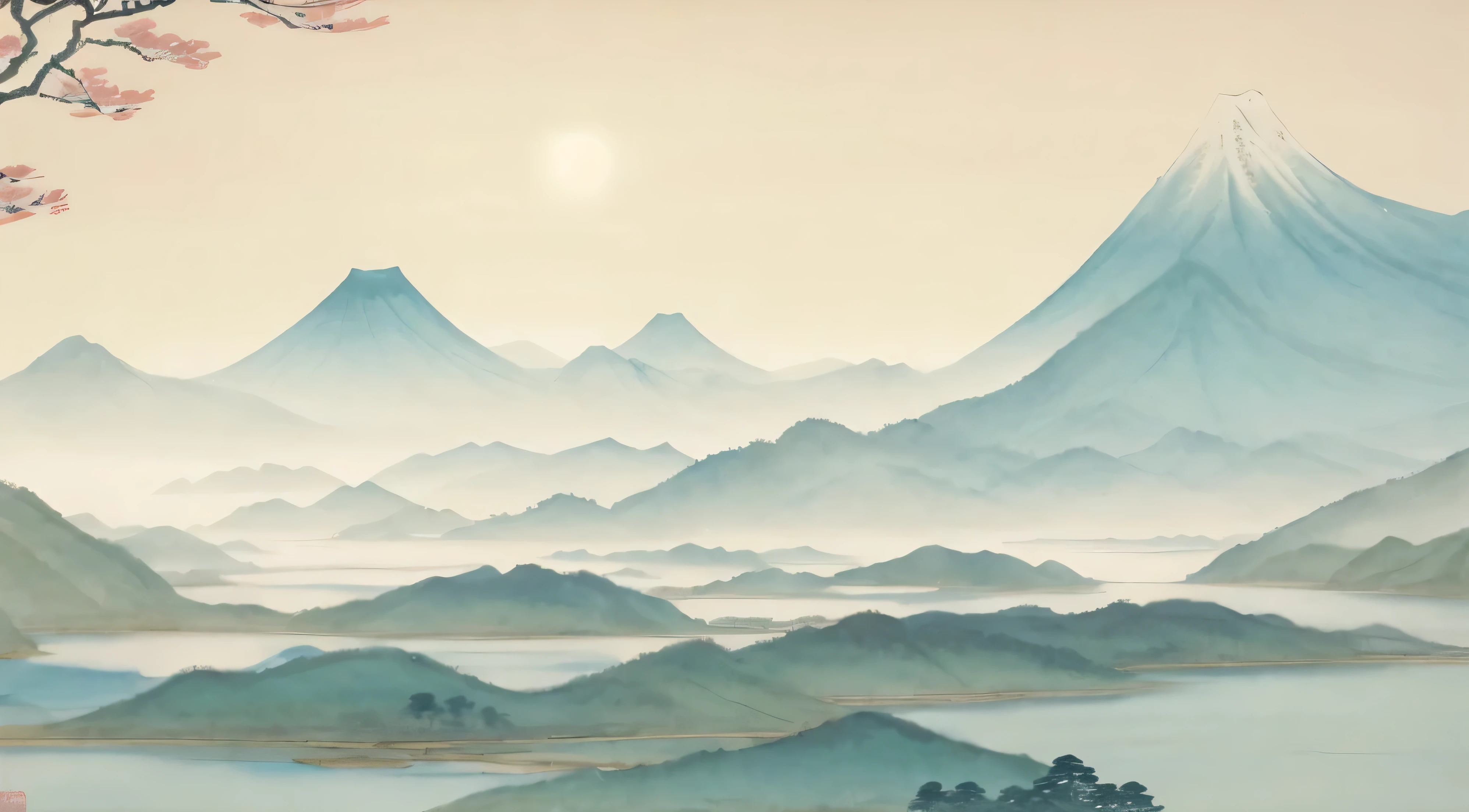painting of a landscape with a river and mountains in the background, Japanese Landscape, Japanese style painting, peaceful scenery, Anime landscape, Chinese landscape, in a serene landscape, landscape artwork, Chinese watercolor style, peaceful landscape, Japanese art style, serene illustration, Chinese style painting, inspired by Ryōhei Koiso, painted landscape, Inspired by Yoshida Hanbei