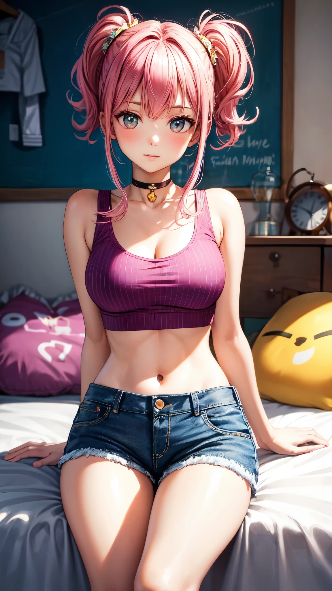 (masterpiece, best quality), 1 girl, pink hair, crop top, Denim shorts, bedroom, Striped stockings,