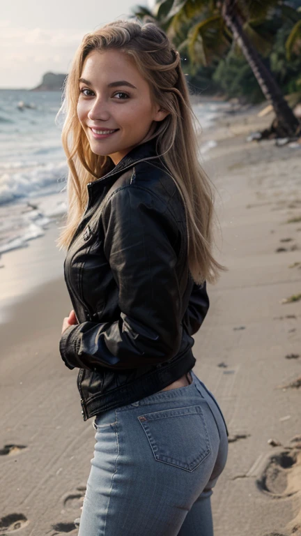 model name Martina, young woman, gray eyes, blond hair, realistic and detailed face,beautiful woman, , detailed face,Mistress, masterpiece, Ultra detailed and realistic 8k  ,with her back turned and smiling in front of her there is the sea she is on the beach she is wearing a black jacket a pair of jeans and sneakers, she is smiling she is very simple like the photo 