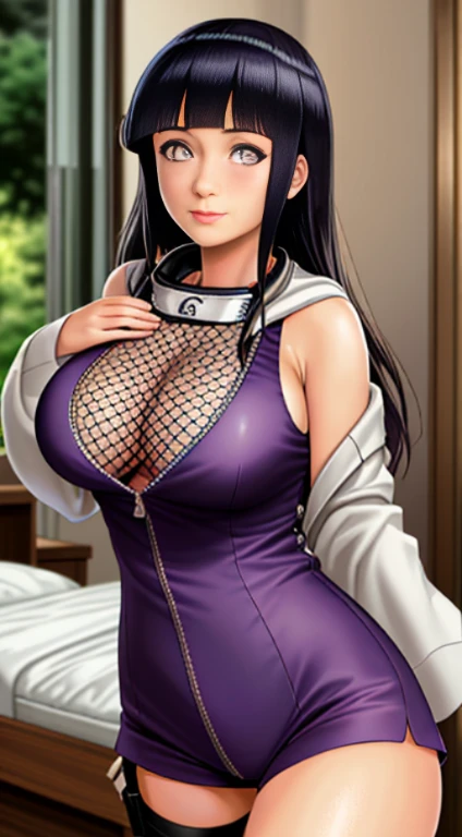 Masterpiece, highres, high Quality, detailed face, detailed body render, 1girl, solo, hyuuga hinata, hinata-sleeveless-outfit, large breasts, big breast, sleeveless shirt, fishnet top, dark lips, unzipped jacket, no bra, breasts out, nipple, standing, blushes, (on bedroom)