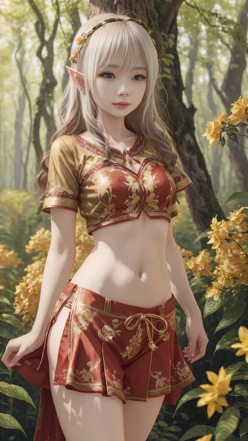 Beautiful white elf princess,Wearing a short red skirt,embroidered with golden flowers,exposed abdomen,Live-action texture,Delicate picture quality,Ultra HD resolution,The background is a sunny forest。Three-dimensional super texture