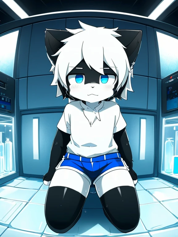 4K，8k，high resolution，masterpiece, best quality，blue eyes, hairy, alone, Wearing pure blue shorts， wet fur,，short tail((black and white cat，Shota))in laboratory，kneeling，body trapped in hole