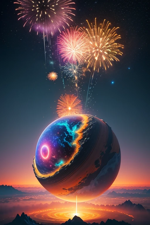 somewhere in space. a mountain surrounded by ocean. A mysterious planet floating in the mountains. dark and colorful. Everything is cosmic. 3D.fireworks，很懂fireworks，more details