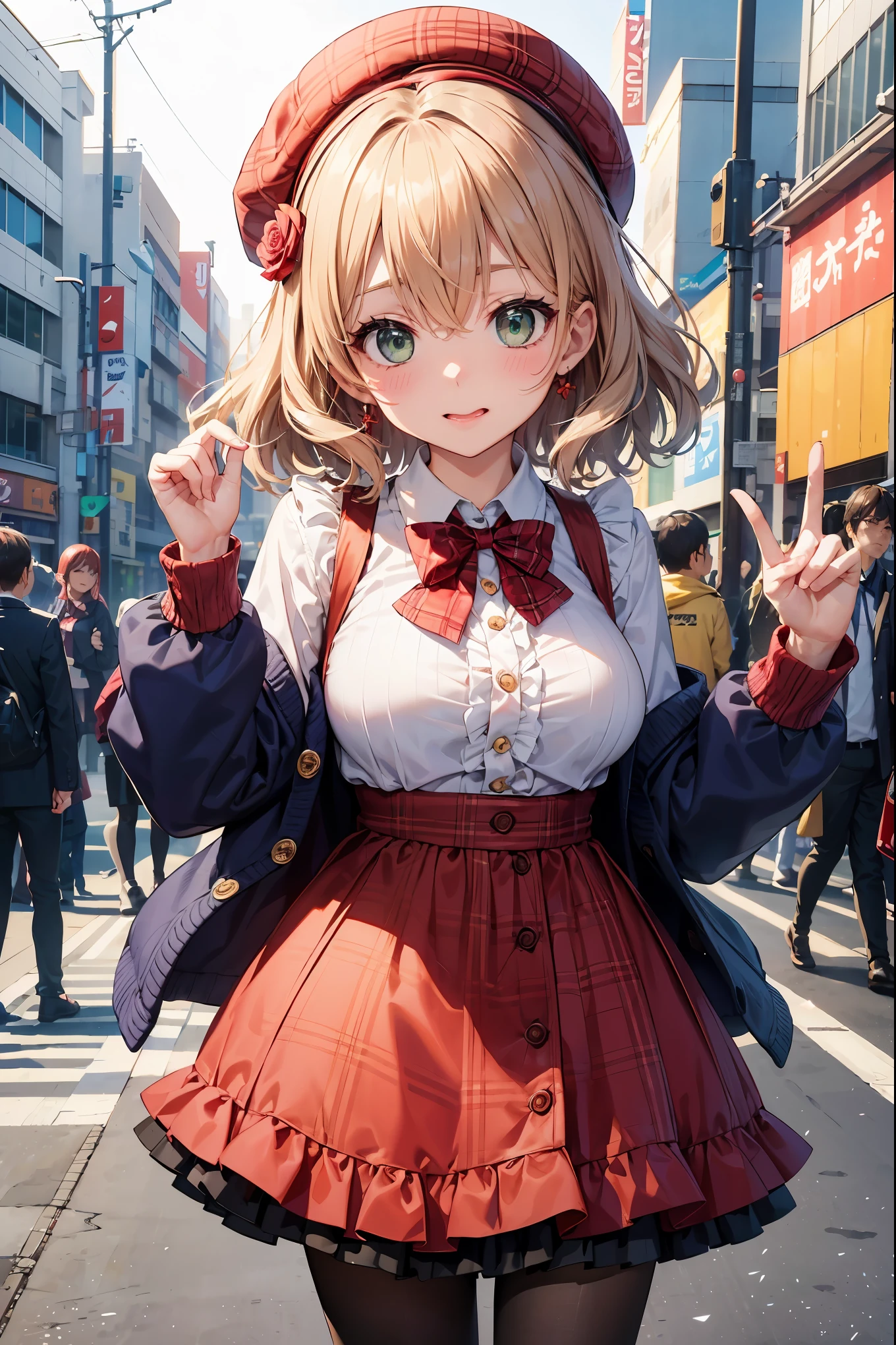 insanely detailed、disorganized、ultra high resolution、Super detailed、highest quality、 1 girl、solo、nice hands、Perfect hand breaking (Vintage style beret with flower pin:1.3)、(navy&red plaid dress:1.5)、(Gold buttons on the front:1.2)、(frills、Red bow tie、Ivory blouse:1.4)、(peach cardigan、cable knit patterns:1.3)、(Black tights:1.1)、(red mary jane shoes:1.2) destroy laugh、open your mouth、wavy mouth、 cute pose、cowboy shot、looking at the viewer breaking slender、cute、Perfectly symmetrical face、Super cute女の子、Super cute顔、Super detailedな目、Super detailedな髪、Super cute、super beautiful、 destroy harajuku、Shibuya、Tokyo、street、crowd、cityscape、 big breasts break (medium hair、Dark green eyes)、hair between eyes
