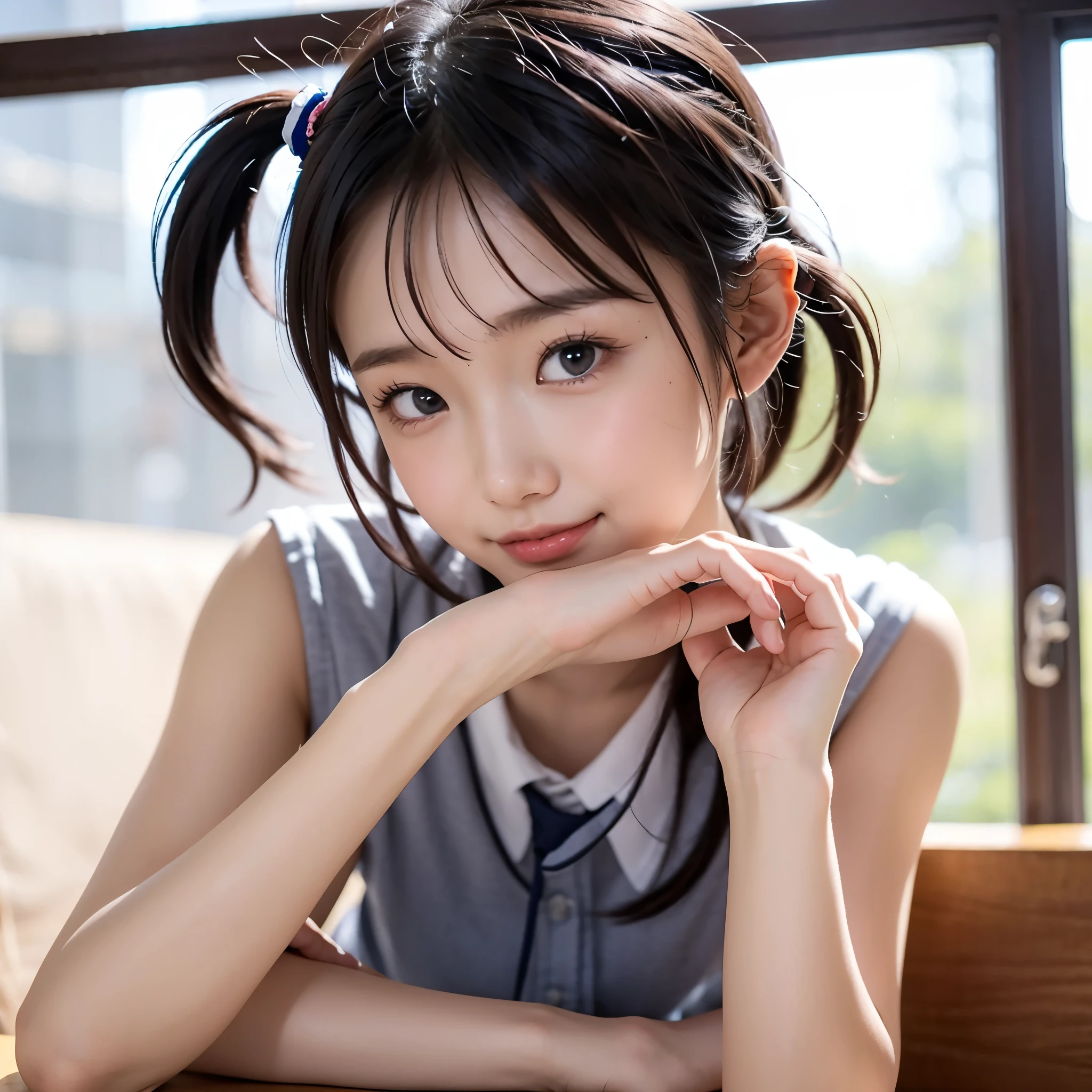 High school student 18 years old girl, Double tail, Double eyelids and big eyes, Sitting in class and tying hair, Blue and white school uniform,Sunny lovely，HD wallpapers