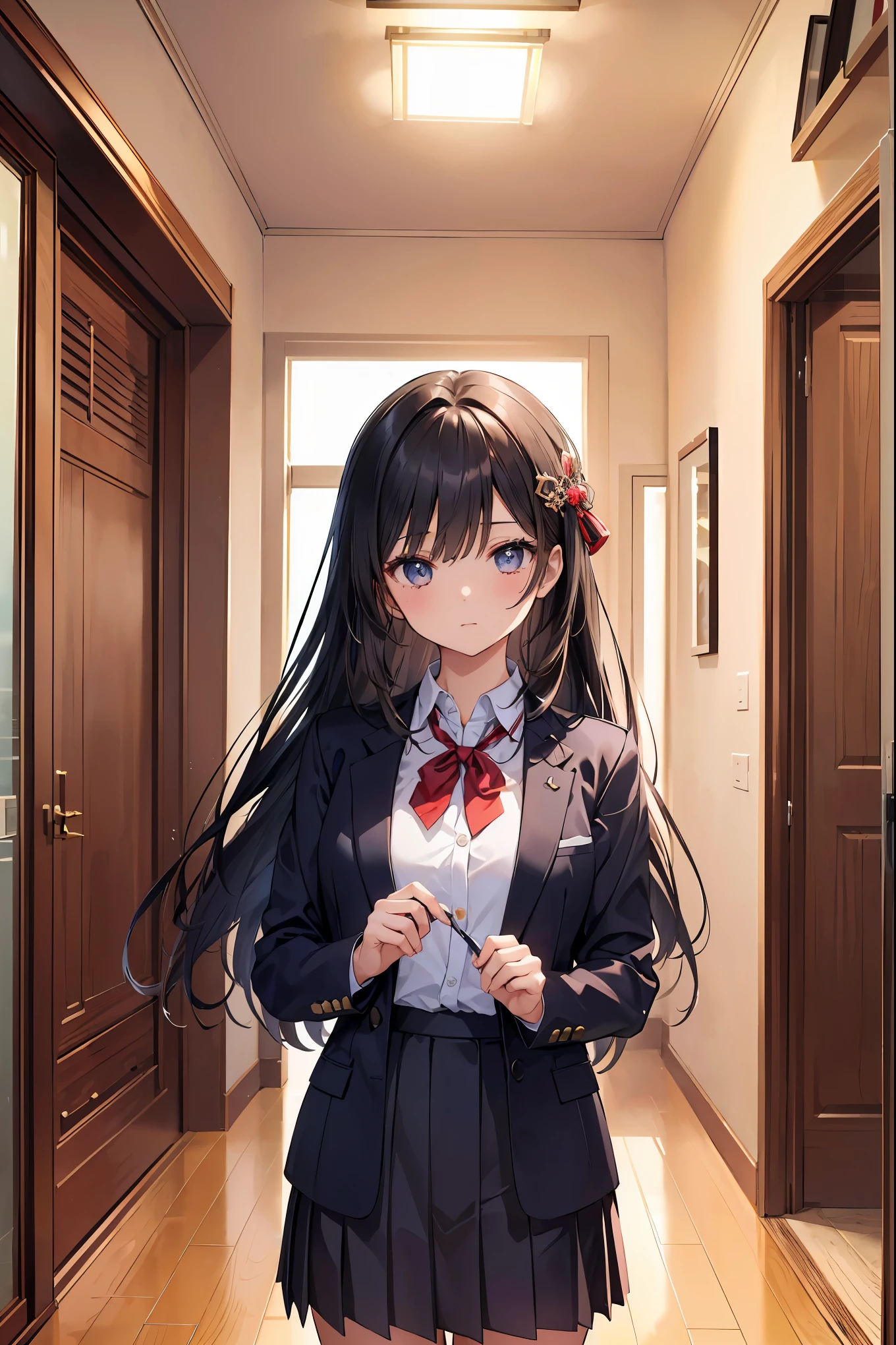 1 girl, ((((masterpiece))), highest quality, highest quality, Haisole, 1 girl, A neat uniform that is popular in Japanese uniform design、The most realistic high school girls' uniform with attention to material texture and detailed design.、 School uniform, cute hairstyle and hair ornaments, long hair, black hair, Realistic, complex and detailed eyes、A girl whose complex and uneven surfaces are realistically reproduced.、, alone, red, 濃い青色のブレザーにredい細いリボンが付いています, Plain white button shirt under blazer, figure, comics, pleasant tone, calm colors, soft movie-like light, Adobe Lightroom, photo lab, HDR, complex and highly detailed, (((Depth of bounds written))))). (((masterpiece))). (((highest quality))).) ((Super detailed))). (((figure))). (((indoor))). (((chestに手を当てる)))). chest,(((room))).dynamic focus.均整の取れたバランスの良いchest.