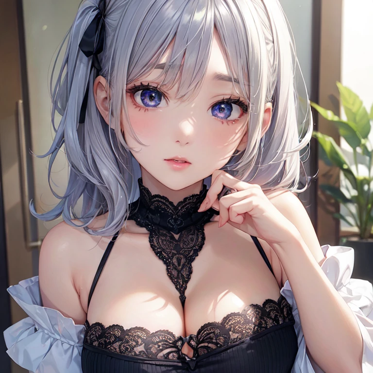 ultradetail(eye:1.7), 1human woman、highest quality、Super detailed、finely、High resolution、8k wallpaper、beautiful and detailed eyes、off shoulder knit、(show lace panties)、bob hair、silver hair、bangs、And chest、natural color lip、troubled face、provocative seduction pose、cute、Always blur the background、perfect and beautiful face、beautiful and detailed face、slim face and style