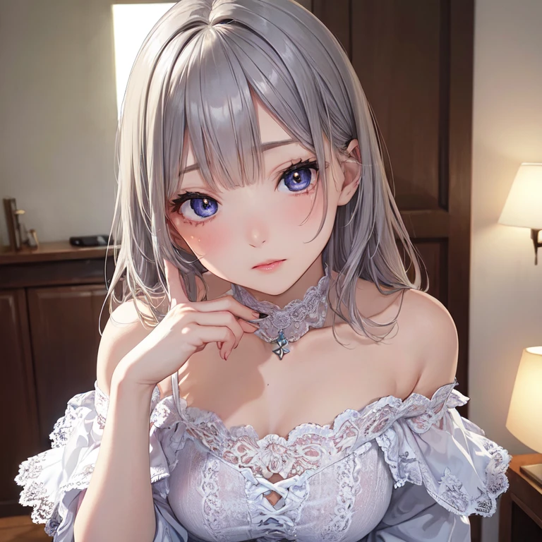 ultradetail(eye:1.7), 1human woman、highest quality、Super detailed、finely、High resolution、8k wallpaper、beautiful and detailed eyes、off shoulder knit、(show lace panties)、bob hair、silver hair、bangs、And chest、natural color lip、troubled face、provocative seduction pose、cute、Always blur the background、perfect and beautiful face、beautiful and detailed face、slim face and style