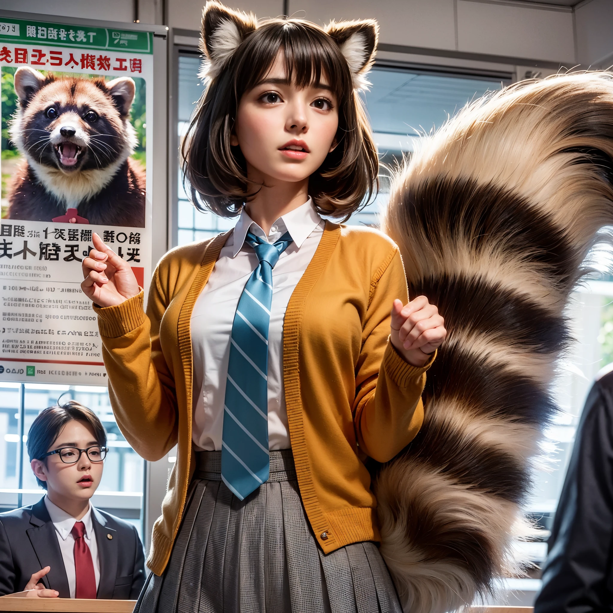 woman stands with a tanuki tail, (software) safe for work, fur with tail, software version, coworkers, realistic style, , realistic style , beautiful girl, photograph, 最high quality, (Her skirt is flipped up and her tail is visible.:1.8) ,Reality, small breasts, slender, white panties,tail from above panties, Tail from inside the skirt, bushy tail, realistic tail, flat chest, (software) safe for work, nffsw, retina, muste piece, Accurate, anatomically correct, super detail, advanced details, high quality, 最high quality, High resolution, 1080p, 4k, 8K, The tail is sticking out from inside the skirt, long tail, A face that looks like it's about to cry, troubled face