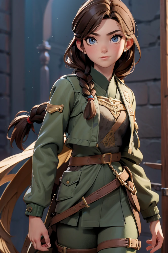 (Obra maestra, La mejor calidad) (young warrior woman of nordic descent), (ojos verdes), (Muscular), (falda de piel), (brown hair color),(loose hair with small braids on the scalp), (top con correa de cuero) plumas, capa sobre el hombro, bufas, (azul, gray and brown suit).
