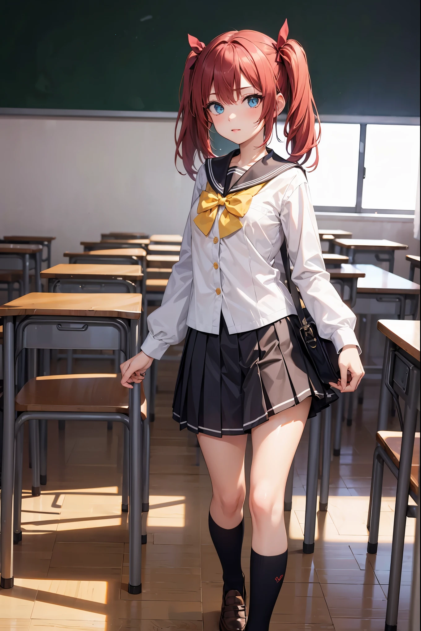 rubykurosawa, ruby kurosawa, aqua eyes, medium hair, red hair, two side up, twintails, (flat chest:1.2), 
BREAK black socks, bow, bowtie, brown footwear, buttons, grey sailor collar, grey skirt, loafers, long sleeves, miniskirt, pleated skirt, sailor collar, school uniform, serafuku, shirt, shoes, skirt, uranohoshi school uniform, white shirt, winter uniform, yellow bow, yellow bowtie,
BREAK looking at viewer, 
BREAK indoors, classroom, 
BREAK (masterpiece:1.2), best quality, high resolution, unity 8k wallpaper, (illustration:0.8), (beautiful detailed eyes:1.6), extremely detailed face, perfect lighting, extremely detailed CG, (perfect hands, perfect anatomy),