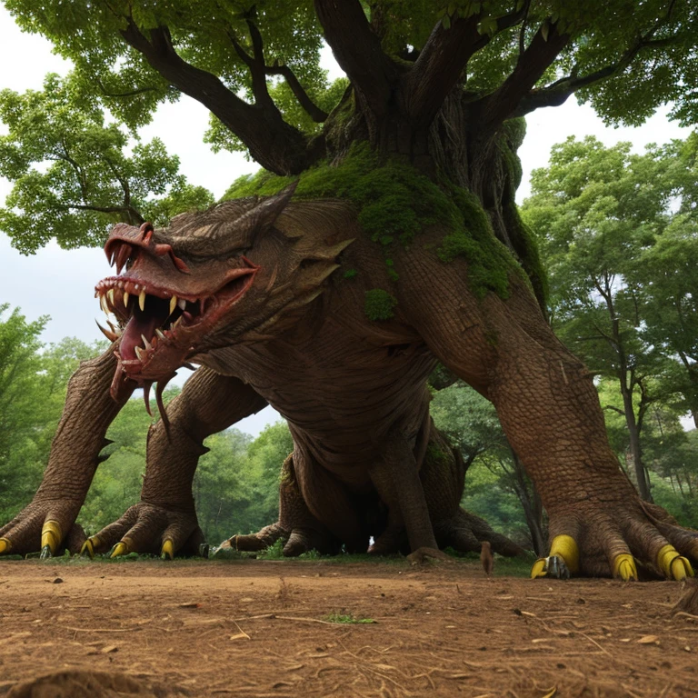 monster,tentacle,scale,bat wings,Bulk,monster,evil God,eyeball,magic book,cane,red eyes,tree bark,Blood vessel,quadrupedal walking,to be born々new,evil,core,Lots of mouths,teeth,sharp nails, negative aura,spines,Tree roots,wood monster,Trees are growing,
