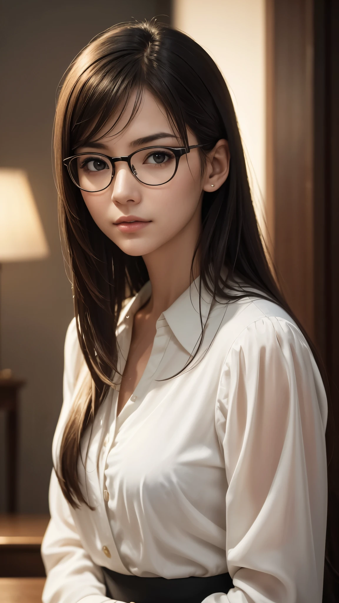 Genre: Portrait Photo or Other: Photo Subject/Action/Situation: A thoughtful woman in white blouse touching her glasses while looking directly at the camera Hairstyle: Long hair Attire: White blouse Emotion/Expression: Thoughtful, serious Artistic Method: Color photography with focus on realistic textures Background Elements/Location: Blurry background with ambient lights conveying an evening indoor setting Art Style: Realistic Image Quality: High-quality, high-resolution photo with a shallow depth of field Composition: Center Framed subject with eye-level shooting perspective Positioning Within Frame: Woman centered in the frame Shot Angle: Eye level Shot Size: Close-up Shot Position: Front view Focus Method: Shallow depth of field Lighting: Natural or ambient indoor lighting mixed with bokeh light effects from the background Effects: Bokeh effect from background lights Post-Processing: Color correction to enhance subject and create a color balance between cool and warm tones Texture: Smooth skin texture portrayal Color Tones: Cool dominant colors with warm highlights Saturation: High saturation to make colors vivid Brightness/Luminance: Balanced medium luminance to capture evening mood Climate/Weather: Indoors, N/A Season: Not applicable Time of Day: Evening or night, based on background lighting Image Concept/Theme: Modern, casual elegance Aspect Ratio: (Specify if required, e.g., 16:9 for widescreen)