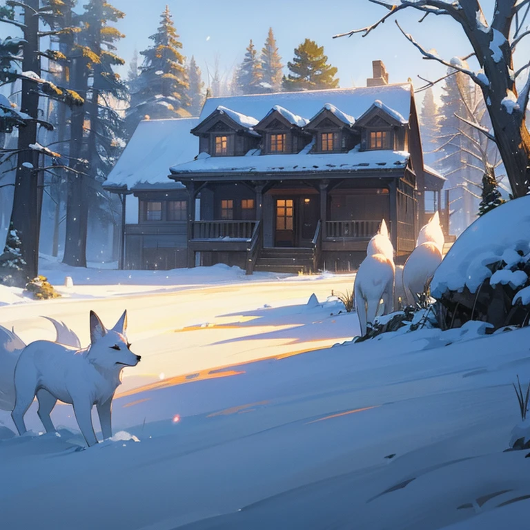 White fox family、snow scene、The light of a house in the distance、Landscape painting