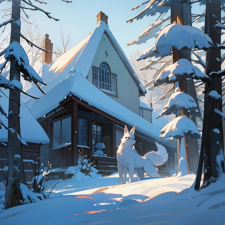 White fox family、snow scene、The light of a house in the distance、Landscape painting