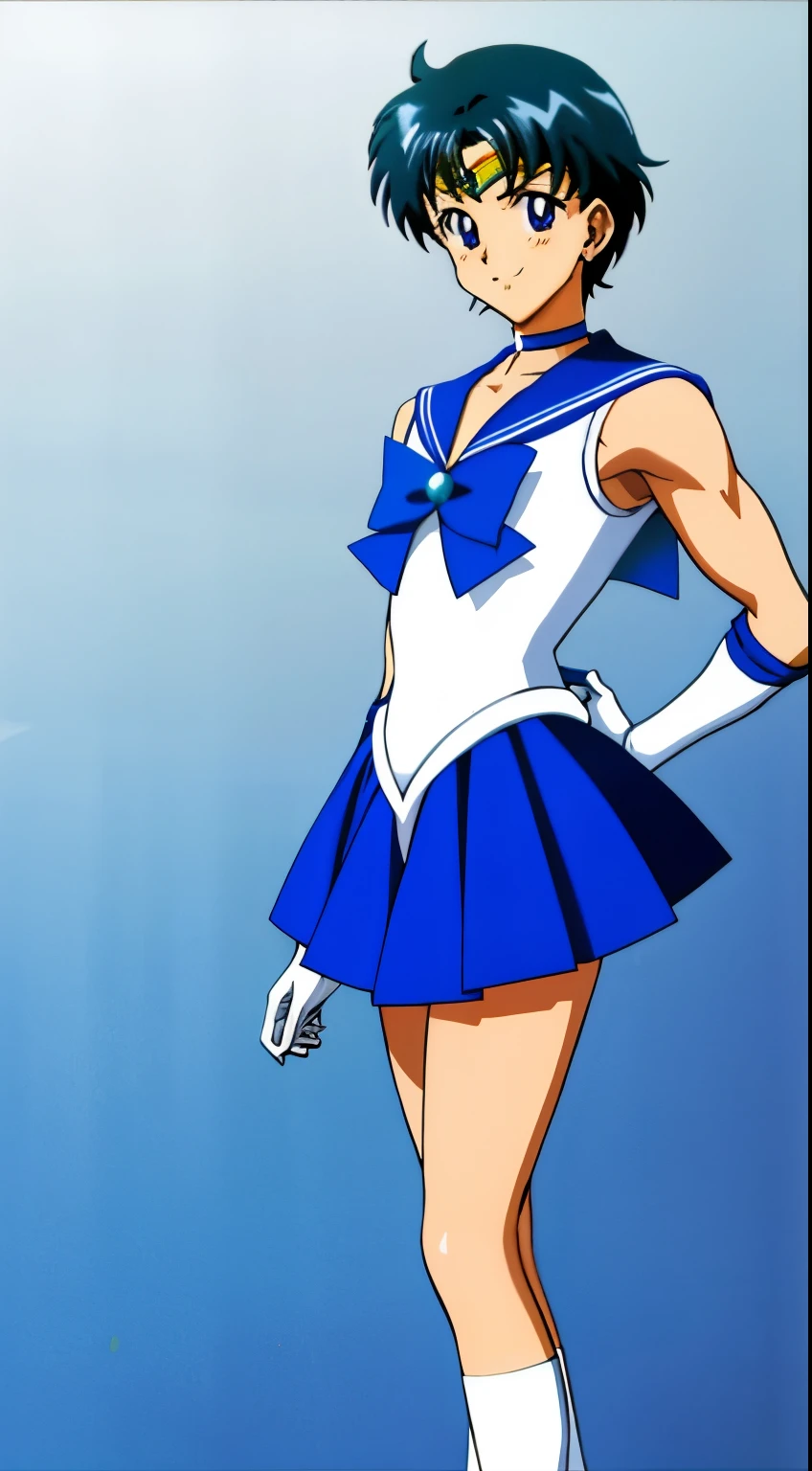 Top Quality Anime Art、masterpiece、high definition anime art、アニメstyle8K、High resolution、Detailed Alto Germ、Cool boys、Boy standing、solo、Very short blue-haired boy、Blue-eyed boy、earrings、Golden Circlet、Sailor Senshi Uniform、white gloves、elbow bag、Strong muscles、blue choker、jewelry、white leotard、high leg leotard、white dress、blue sailor collar、Sky blue bow tie、blue skirt、mini skirt、pleated skirt、Muscular and strong、Blue Heeled Boots、Bare shoulders、bare legs、staring at、an retro anime image、smile、Hymns to the King as a Prince、muscular man、Retro Anime Boys、(1990s\(style\)0.9)、