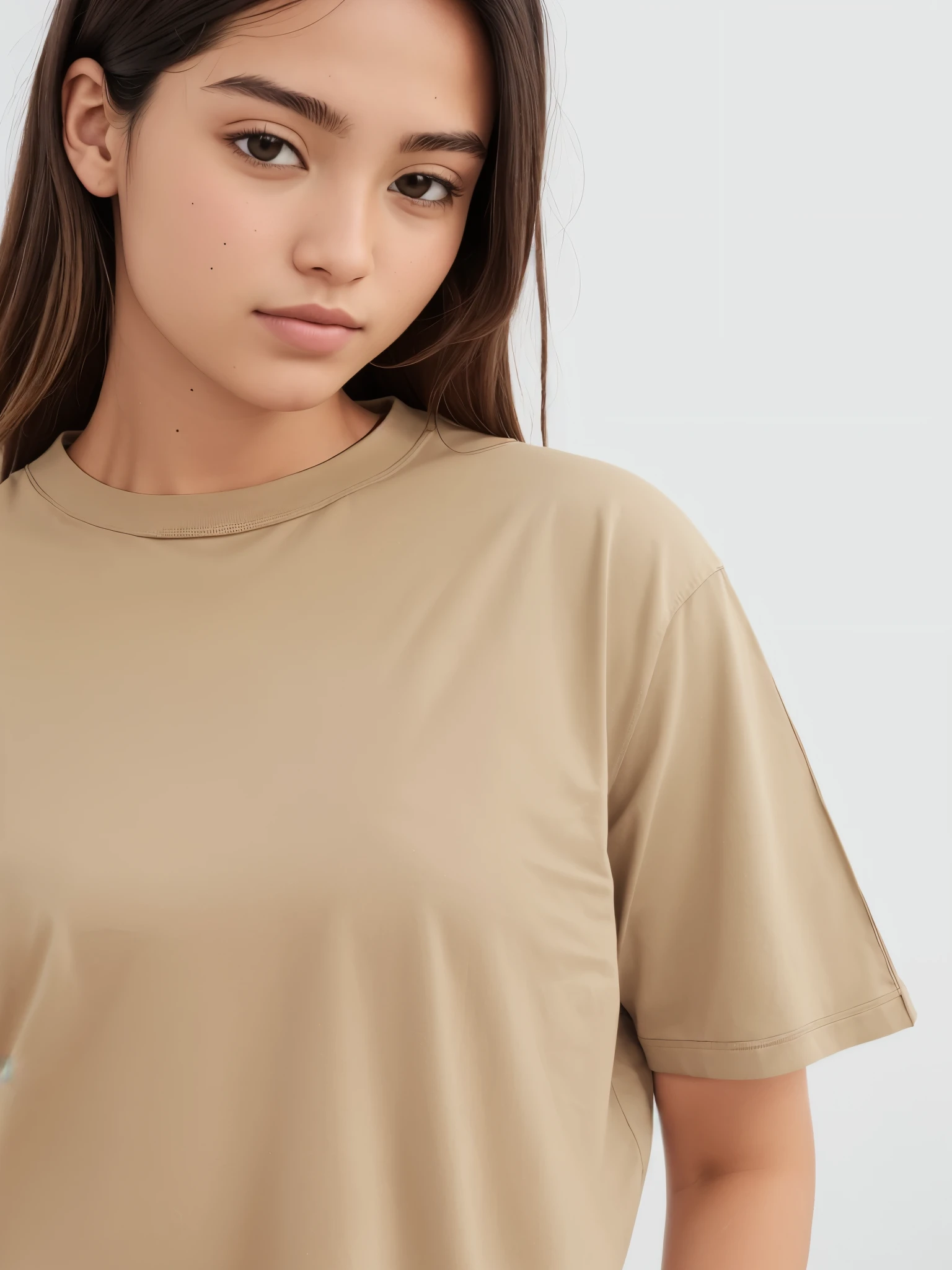 a woman wearing a beige t-shirt and black pants, manga larga cropped, camisa marrom, wear's Bege shirt, corte superior, bronzeado leve, Mangas bufantes, corte superior, roupa casual, pele bronzeada, camiseta e shorts, camisa longa, manga curta, cinza, basic clothing, Bege colors, Bege, vestindo uma camiseta, roupas marrons