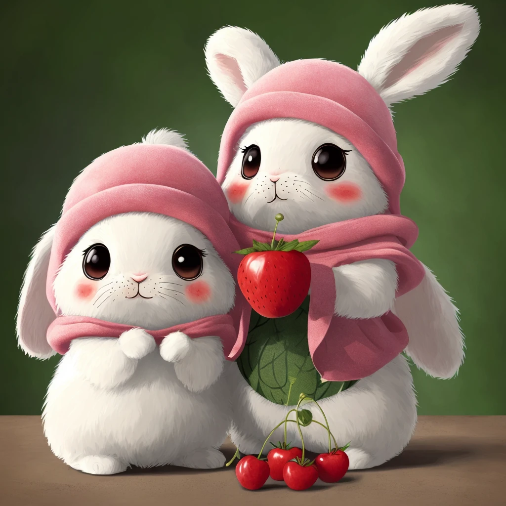 illustration:1.2, Rabbit, realistic, hairy, dressed beast, apple, dark circles, blush, cherry, food, fruit, whole body, hat, non-human, strawberry, tomato, watermelon, in vector style, tarot card style, flat color, simple color