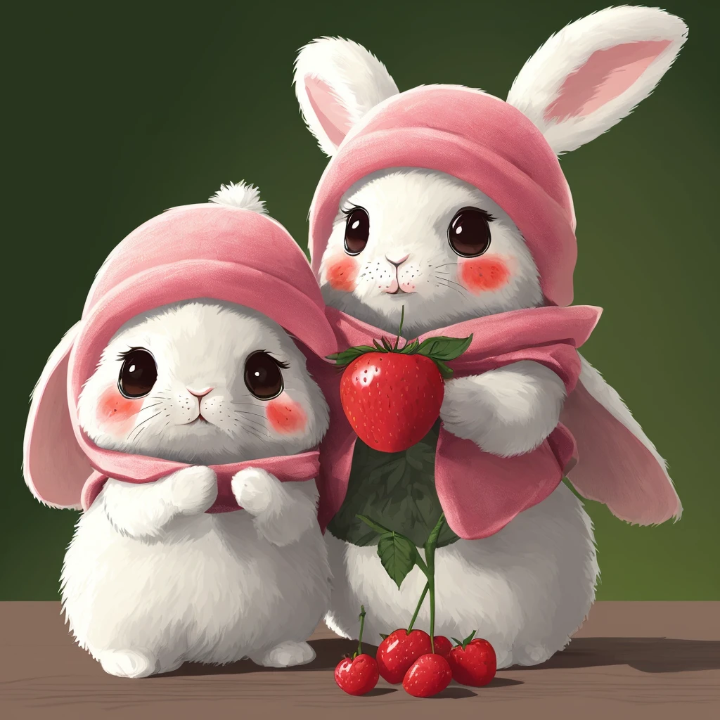 illustration:1.2, Rabbit, realistic, hairy, dressed beast, apple, dark circles, blush, cherry, food, fruit, whole body, hat, non-human, strawberry, tomato, watermelon, in vector style, tarot card style, flat color, simple color