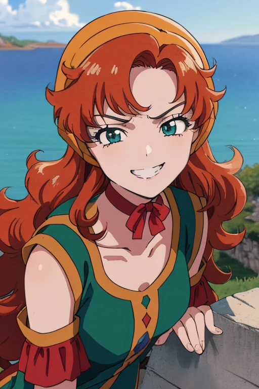 1990s \(style\), 1990s anime cels style, maribel, long green dress, orange hair,hood, (best quality, masterpiece, RAW photo,ultra-detailed:1.2), 1girl,solo,13years old,red choker,looking at viewer, naughty smile,smug, Medieval seaside town in the Aegean Sea backgroud,