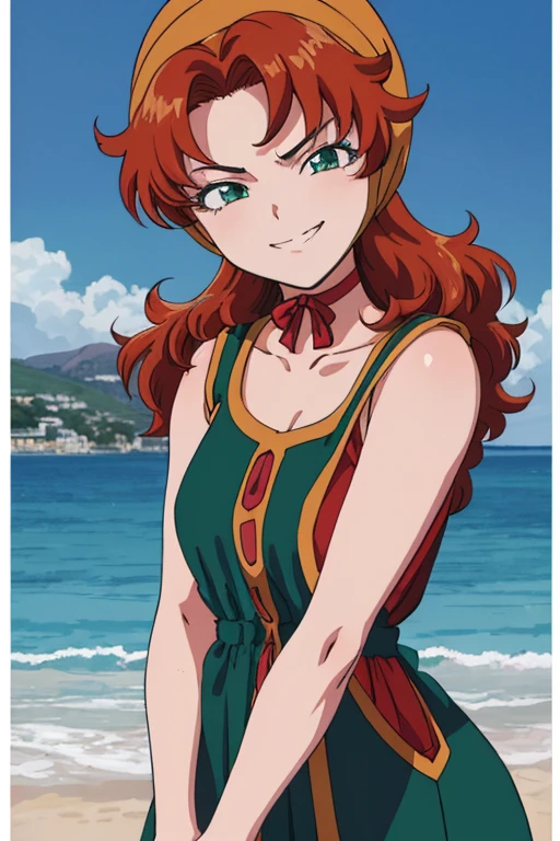 1990s \(style\), 1990s anime cels style, maribel, long green dress, orange hair,hood, (best quality, masterpiece, RAW photo,ultra-detailed:1.2), 1girl,solo,13years old,red choker,looking at viewer, naughty smile,smug, Medieval seaside town in the Aegean Sea backgroud,