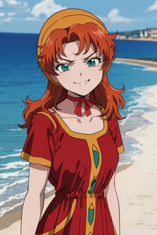 1990s \(style\), 1990s anime cels style, maribel, long green dress, orange hair,hood, (best quality, masterpiece, RAW photo,ultra-detailed:1.2), 1girl,solo,13years old,red choker,looking at viewer, naughty smile,smug, Medieval seaside town in the Aegean Sea backgroud,