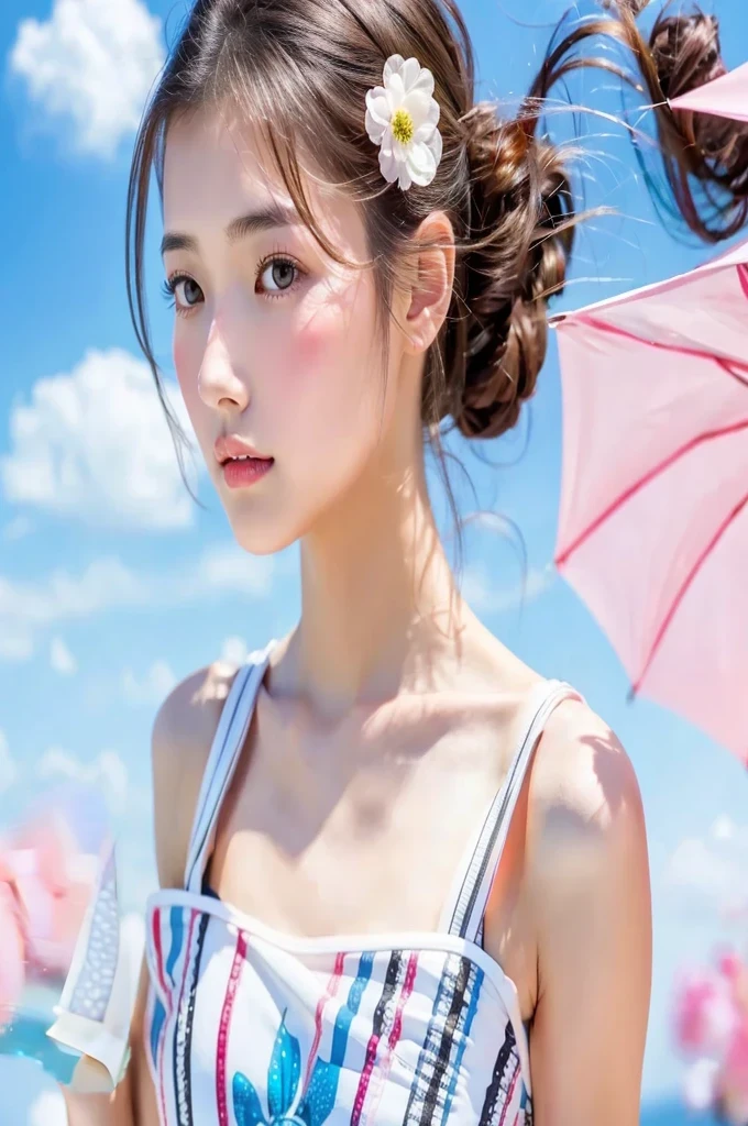 There is a woman with flowers in her hair and an umbrella., Young and cute gravure idol, Chiho, beautiful japanese girl face, Young skinny gravure idol, japanese model, realistic young gravure idol, young gravure idol, aoshima Chiho, motto hole, Chen Xintong, Liu Chengyou, Young sensual gravure idol