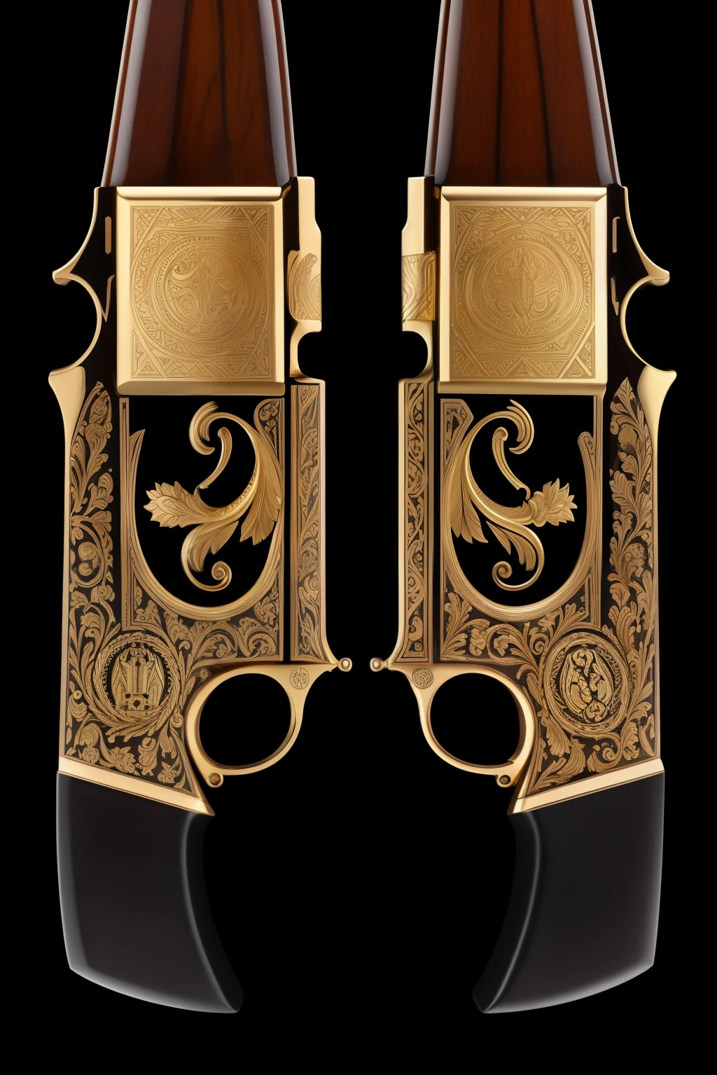 two twin hand cannons of exquisite detail and certain lethality, too refined for the battlefield, perfectly crafted with intricate engravings, gold inlay, and ornate designs, each trigger meticulously sculpted to fit the artist's hand, glistening with polish, a masterpiece of firearm engineering, best quality, official art.