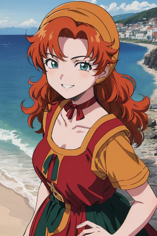 1990s \(style\), 1990s anime cels style, maribel, long green dress, orange hair,hood, (best quality, masterpiece, RAW photo,ultra-detailed:1.2), 1girl,solo,13years old,red choker,looking at viewer, naughty smile, Medieval seaside town in the Aegean Sea backgroud,