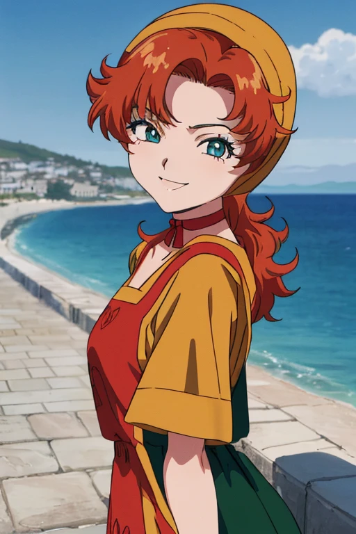 1990s \(style\), 1990s anime cels style, maribel, long green dress, orange hair,hood, (best quality, masterpiece, RAW photo,ultra-detailed:1.2), 1girl,solo,13years old,red choker,looking at viewer, naughty smile, Medieval seaside town in the Aegean Sea backgroud,