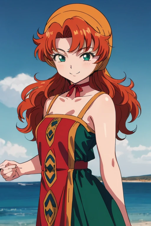 1990s \(style\), 1990s anime cels style, maribel, long green dress, orange hair,hood, (best quality, masterpiece, RAW photo,ultra-detailed:1.2), 1girl,solo,13years old,red choker,looking at viewer, naughty smile, Medieval seaside town in the Aegean Sea backgroud,