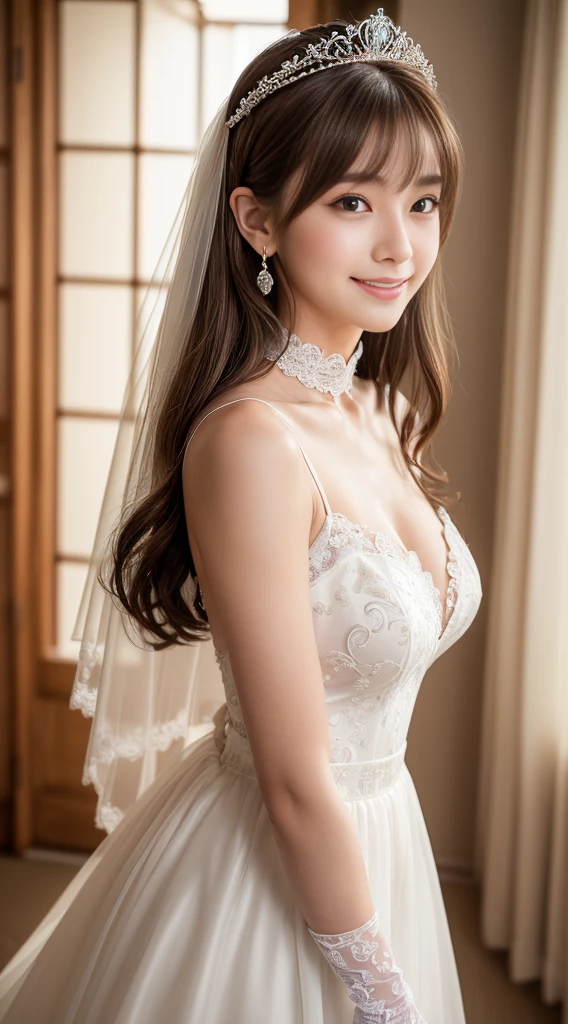 8K, masterpiece, RAW photo, highest quality, realistic, extremely detailed CG unity 8K wallpaper, Depth of bounds written, cinematic light, Lens flare, ray tracing, (very beautiful face, beautiful lips, beautiful eyes), face with intricate details, ((super dense skin)) 1 girl, deep shadow, cute日本の女の子, japanese idol, 1 girl, (very slim slender fit-muscled body:1.3), ((looking at the viewer)),(大きなsmile:1.3), 1 girl, (28 years old: 1.2), , cute girl, realistic body,, medium hair, (bangs: 1.2), smile, cute, youth, cute face, realistic face, Light brown eyes、delicate eyes, 垂れ目highest quality, (morning, Near a window in a room that receives sunlight,, (blurred background), ), (with no people in the background:1.3), beautiful earrings, lolita costume、bridal tiara, bridal veil, bridal gauntlet, round idium chest、strapless dresses、 clear eyes, walk , front shot, (white skin), (Big eyes), look forward, (full body shot), (brown hair), (looking at the viewer:1.3), very slim, medium breasts, (camel toe), thick thighs, turn back, (fluttering mini dress), ((Beautifully embroidered white wedding dress)), , ((backtracking, buckshot)), (White Princess Line Wedding Dresses、bridal tiara、white choker、white lace gloves、white pantyhose:1.2),(white skirt、beautiful embroidery)Long skirt with lace, exposed buttocks, upper shot、With a well-shaped bust, Clear waist, and beautiful light brown hair, Captivate everyone around. Please generate a detailed description of this scene.,fair and beautiful skin、Gentle atmosphere、bangs、beautiful hair、cute face、cute girl、Popular idols in Japan、Nogizaka Idol、smiling kindly、Beautiful cleavage、professional lighting、Portrait、show cleavage、white, delicate and beautiful skin、beautiful breasts、