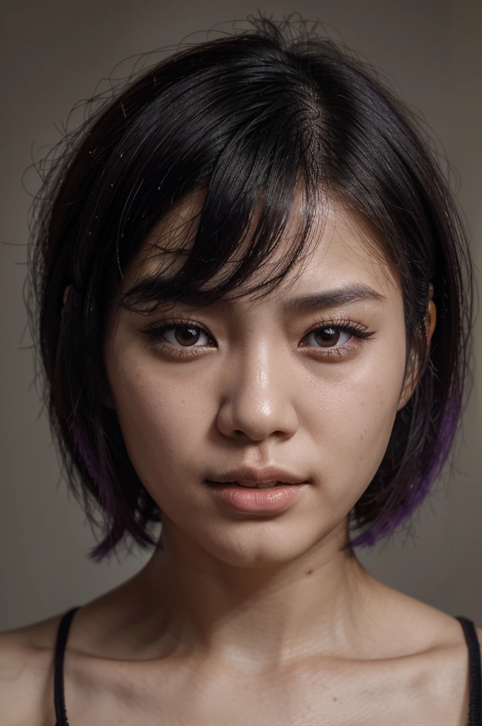 Portrait photo, close-up of face, (RAW photo, highest quality), (realistic, photorealistic), Fei Liang Asian girl, Chinese, 25 years old, beautiful and highly detailed face, short haircut upper of shoulders, punk style, loose hair, black hair with a purple streak