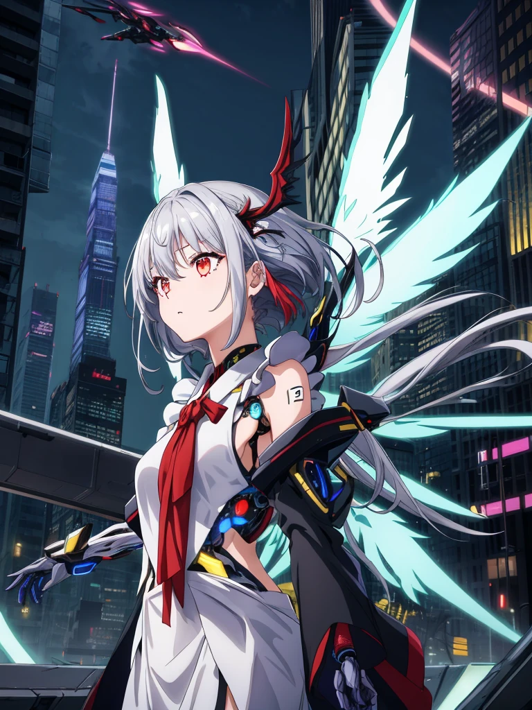 highest quality、very詳細な、masterpiece、Super detailed、enlightenment、((1 girl))、silver hair、hair length、floating hair、、cyber city、Neon building、(Upper body:1.05)、very_become familiar with_eye_and_face,cybernetic wings mechanical wings、random posture、Skyscraper、、Mechumusume、shrine maiden costume,Maid clothes、random angle、anime style,cowboy shot