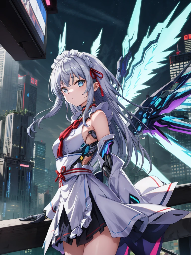 highest quality、very詳細な、masterpiece、Super detailed、enlightenment、((1 girl))、silver hair、hair length、floating hair、、cyber city、Neon building、(Upper body:1.05)、very_become familiar with_eye_and_face,cybernetic wings mechanical wings、random posture、Skyscraper、、Mechumusume、shrine maiden costume,Maid clothes、random angle、anime style,cowboy shot