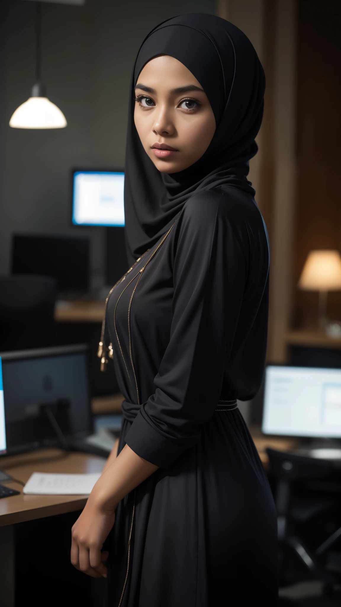 a 20 years old malay women in hijab wear baju kurung seat in the office, night, serious face, nighttime, in the office movie style, hyper - realistic photography, dramatic effect, people working in background, dark color grading, full body, 8k, close - up shot, extreme close - up photo