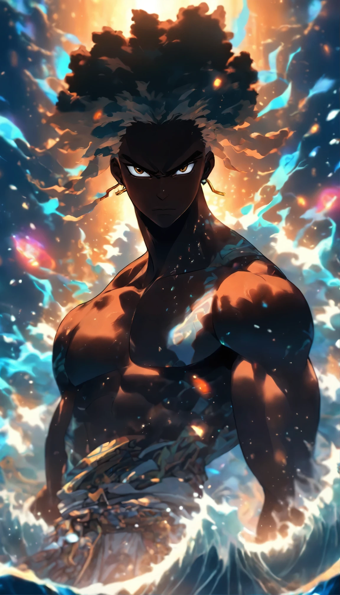 (((black man)) best quality, very high resolution, detailed CG in 4K, masterpiece, Agw, ocean, waters, white clothes, voodoo mythology, African clothes, aesthetics, beautiful image, centered on the screen, the whole body, hologram black woman in background