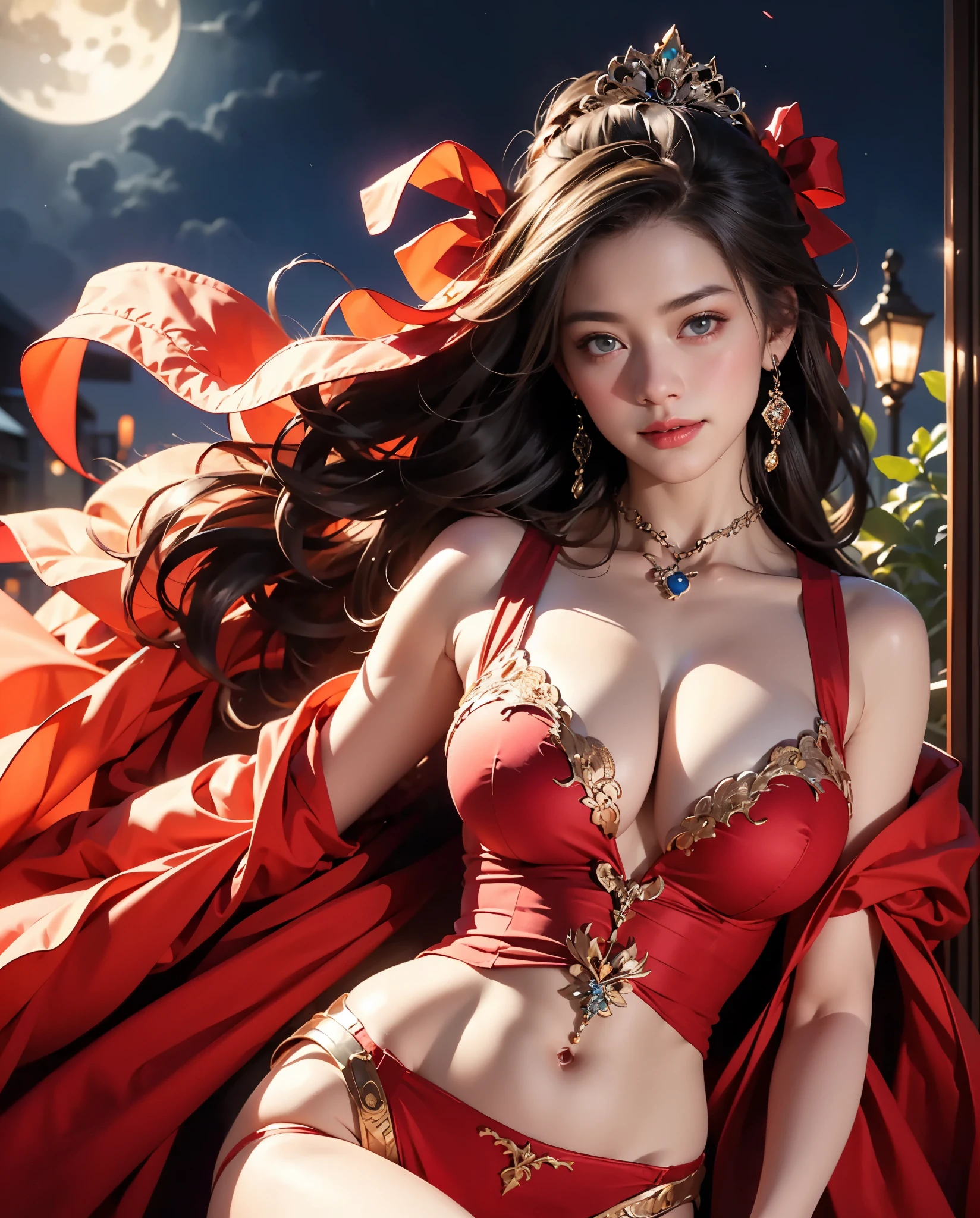 highest quality, masterpiece, Attention to detail, realistic, 1 girl, under the moonlight、beautiful princess, ???????????, big ????, long legs, ????, whole body, Blissful smile