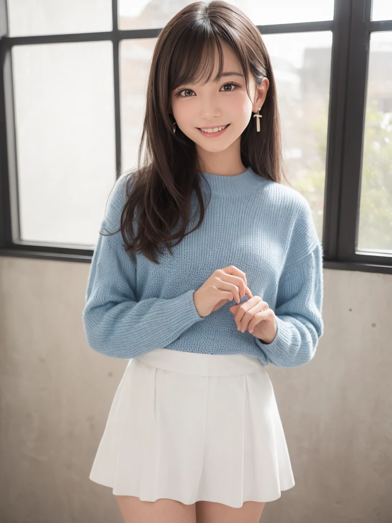 masterpiece、Super masterpiece、Super high quality、Ultra high definition、Super detailed、double eyelids、tear bag、earrings、white blouse、long skirts in bright colors,、20age、cute、Outstanding style、knee high socks、boots、bracelet、Winter clothes、indoor、dim lighting、sexy pose、smile、body whole、body wholeが写る写真、standing pose、smile